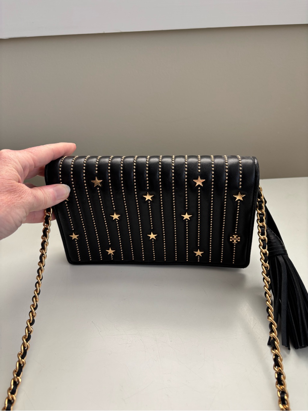 Tory Burch Black Leather Star-Stud Chain Wallet/Crossbody With Tassel